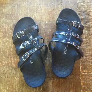 Vionic Misa Slide Orthopedic Sandal Womens 8 Navy Blue Patent Leather  Comfort